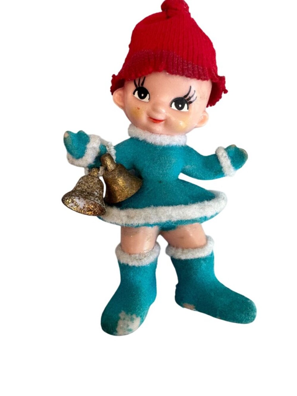 Vintage Flocked Pixie Elf Ornament With Bells Red Knit Hat 5" - Picture 2 of 7